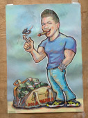 Рисунок накачанного парня с сумкой долларов, шаржист Михаил Шабалин, шаржист Мишель