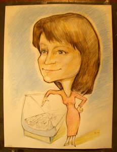 шарж девушки в красном у витрины