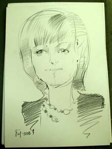 Шарж девушки с бусами в черном карандаше