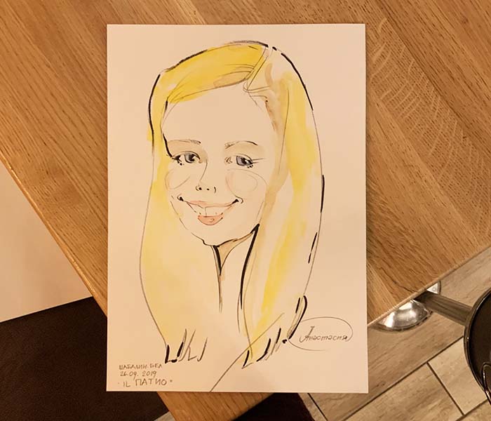 Шарж акварелью Анастасии шаржист Михаил Шабалин Мишель