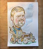 Изображение мужчины с лопатой и машиной шаржист Михаил Шабалин Мишель Минск