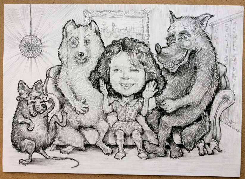 Шарж углем девочки со зверями