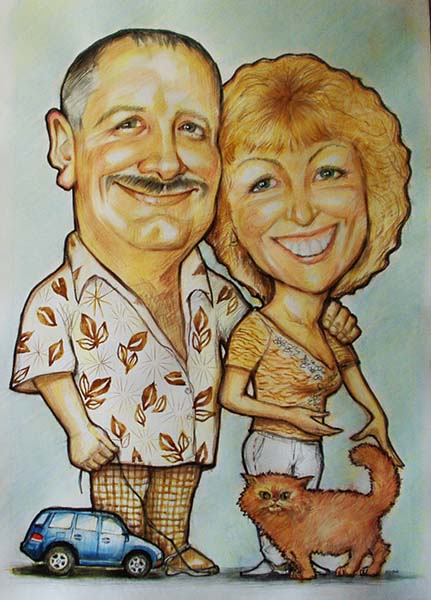 шарж семьи с кошкой и машинкой