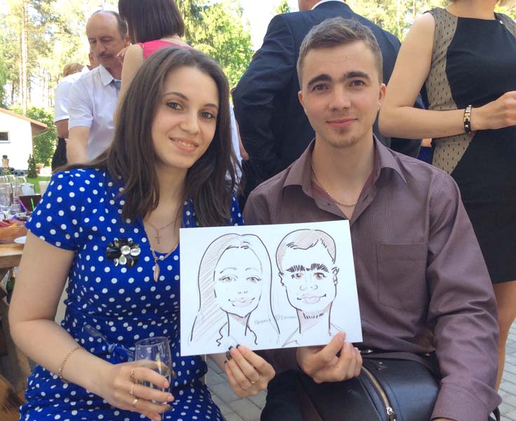 шарж держат парень девушка синее платье в горошек