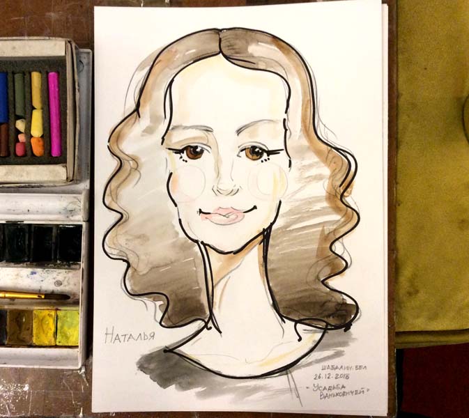 Цветной шарж Натальи, шаржист Мишель, шаржист Михаил Шабалин
